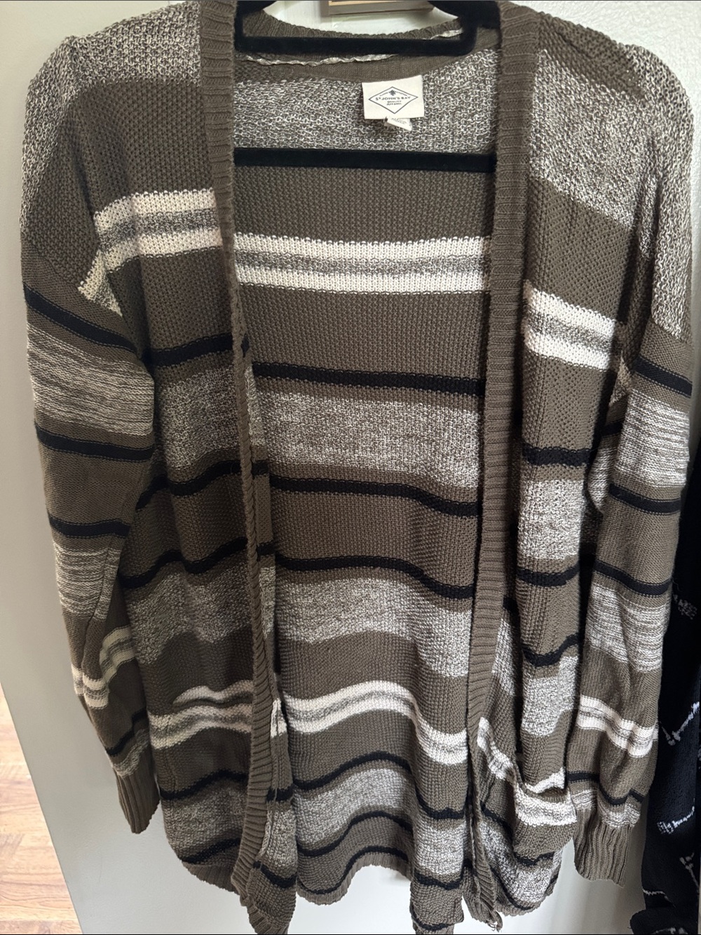 St. John's Bay Olive, Cream & Black Striped Open Cardigan